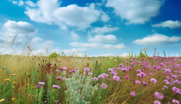 Beautiful landscape shot of a meadow with blooming late summer flowers and a blue sky, on a sunny day.