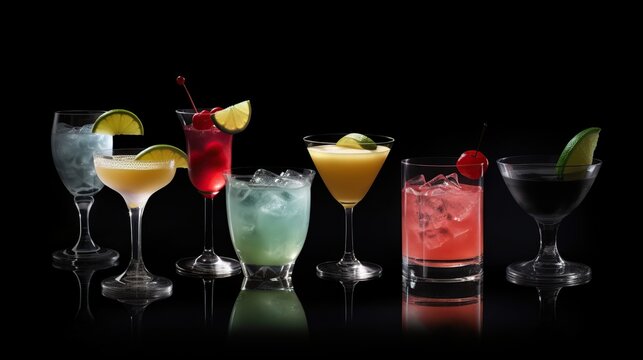 A set of different alcoholic cocktails on a black background. summer cocktails. generative ai