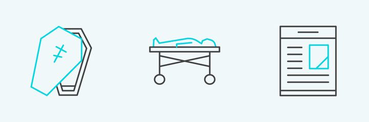 Set line Obituaries, Coffin with cross and Dead body the morgue icon. Vector