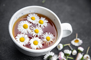 tea chamomile flowers healing hot drink healthy meal food snack on the table copy space food background rustic top view