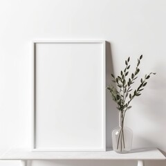 Empty square frame mockup in the modern minimalist interior with plant in trendy vase on white wall background, Template for artwork, painting, photo or poster " ai generated "