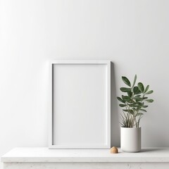 Empty square frame mockup in the modern minimalist interior with plant in trendy vase on white wall background, Template for artwork, painting, photo or poster " ai generated "