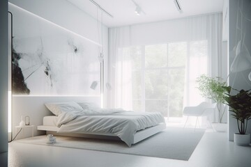 Fototapeta na wymiar White monochrome minimalist bedroom. Generative AI Illustration