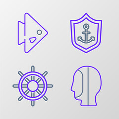 Set line Diving hood, Ship steering wheel, Anchor inside shield and Fish icon. Vector