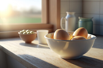 Fototapeta na wymiar Eggs in a bowl standing on wooden table near the window, Generative AI