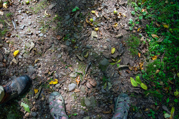 High angle view of an man and woman's feet on hiking trail