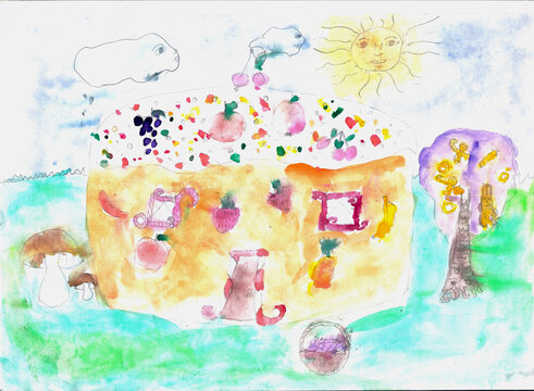 Kid drawing postcard for mother's day. Happy birthday card for mom cartoon candy home gingerbread house painting watercolor. Positive funny little child drawing fairy tale world flowing paint