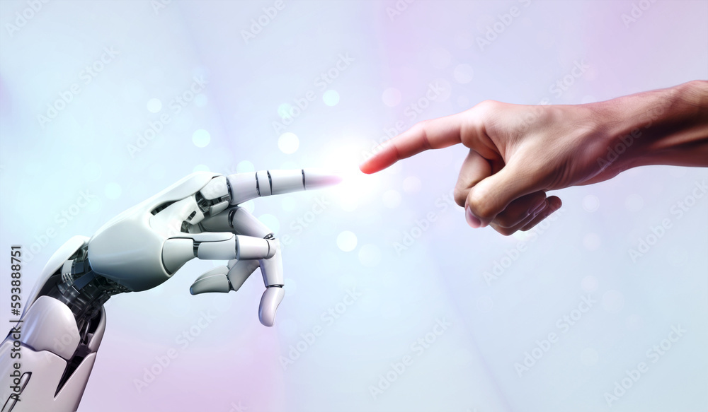 Wall mural ai, artificial intelligence creation by humans, robot and human hands are touching and connecting, u