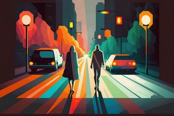 Night city. A man and a woman walk down a deserted street. Generative AI