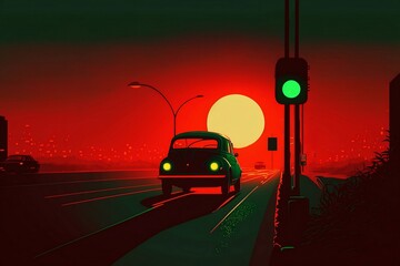 Traffic on the night route. Sunrise or sunset. Generative AI