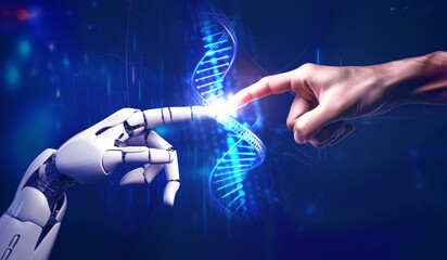 Fototapeta premium Robot and human hands are touching a DNA chain, unity between human and machines, AI, Artificial intelligence, machine learning and futuristic technology background