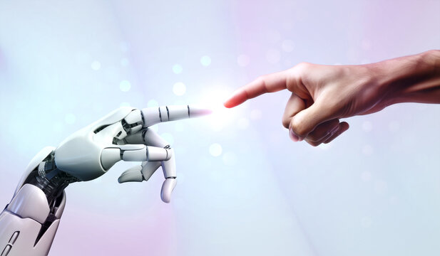 AI, Artificial intelligence creation by humans, robot and human hands are touching and connecting, unity with human and ai concept, machine learning and futuristic technology background