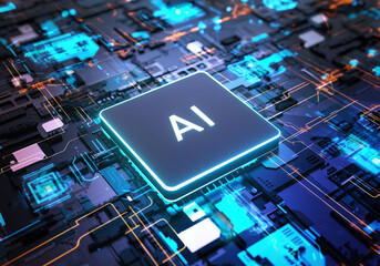 AI, Artificial Intelligence chipset processor on circuit board working on data analysis, machine learning and futuristic technology concept - obrazy, fototapety, plakaty