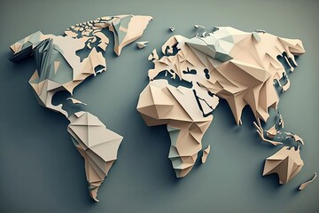 World Map. Origami style. North and South America, Europe and Asia, Africa and Australia. Generative AI