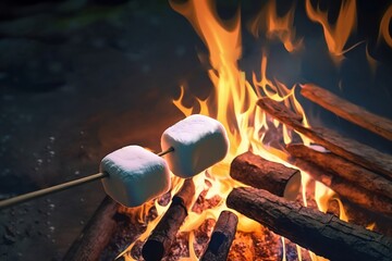 Marshmallow on fire. Delicious white roasted marshmallows. Generative AI
