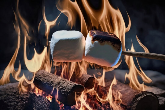 Marshmallows on a stick roasting over campfire. Generative AI