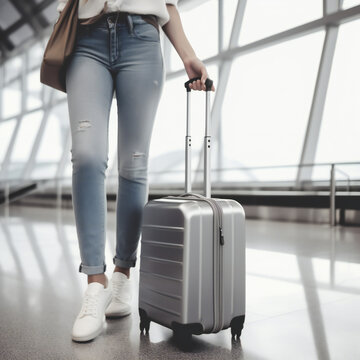 unrecognisable Young woman wearing casual clothes is posing at airport with suitcase. generative ai