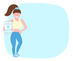 Girl with mobile phone shows water tracker app, stay hydrated concept, copy space, vector