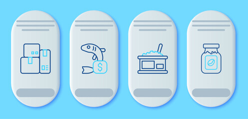 Set line Price tag for fish, Tin can with caviar, Cash register machine and Coffee jar bottle icon. Vector