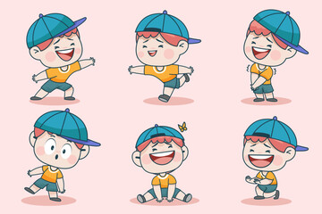 Young smart boy character with different facial expression and hand poses.