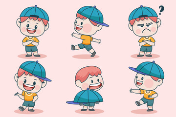 Young smart boy character with different facial expression and hand poses.