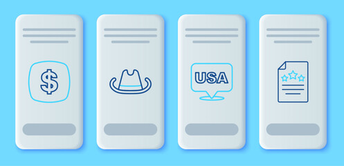 Set line Western cowboy hat, USA Independence day, Dollar symbol and Declaration of independence icon. Vector