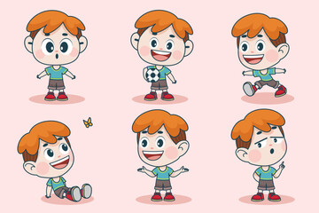 Young smart boy character with different facial expression and hand poses.
