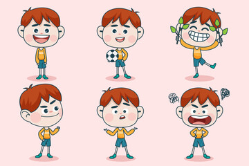 Young smart boy character with different facial expression and hand poses.