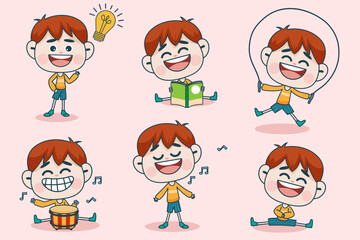 Young smart boy character with different facial expression and hand poses.
