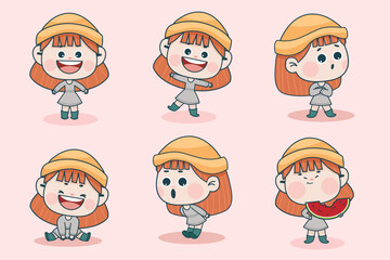 Young smart girl character with different facial expression and hand poses. Facial expression flat vector illustration