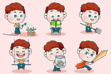 Young smart boy character with different facial expression and hand poses.