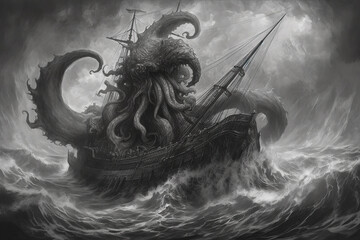A kraken trying to destroy a pirate ship in rough seas generative ai