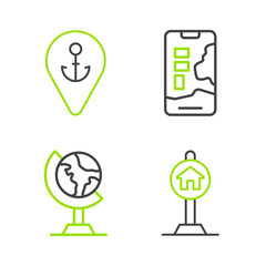Set line Hotel sign for traffic, Earth globe, City map navigation and Location with anchor icon. Vector