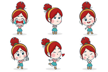 Young smart girl character with different facial expression and hand poses. Facial expression flat vector illustration