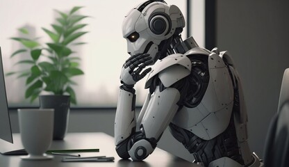 Robot 3d rendering of humanoid android technology background abstract in office city view. Futuristic cyborg learning laptop computer sitting at desk, Generative Ai.