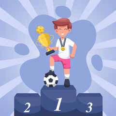 Athlete male soccer league with trophies on first position podium