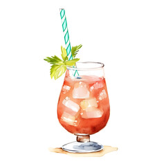 Cocktail in a glass with a straw on the white background, long island ice and mint