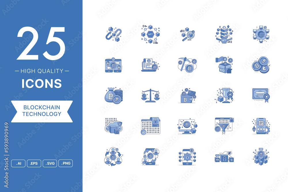 Wall mural vector set of blockchain icons. the collection comprises 25 vector icons for mobile applications and