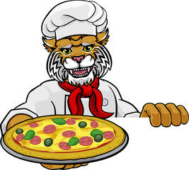 Wildcat Pizza Chef Cartoon Restaurant Mascot Sign