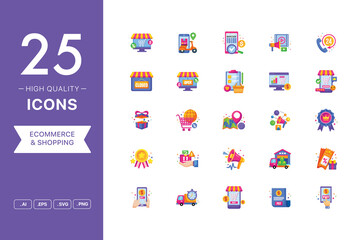 Vector set of Ecommerce and shopping icons. The collection comprises 25 vector icons for mobile applications and websites.