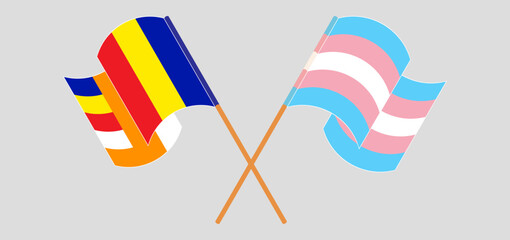 Crossed and waving flags of Transgender Pride and Buddhism