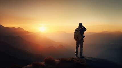 A detailed image of a traveler gazing at a stunning mountain landscape at sunrise