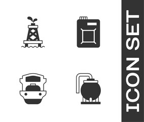 Set Oil tank storage, rig, tanker ship and Canister for motor oil icon. Vector