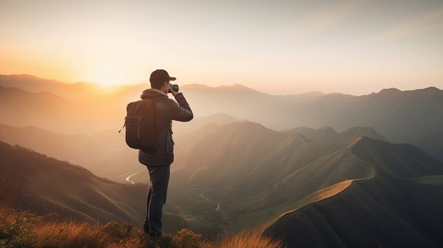 A detailed image of a traveler gazing at a stunning mountain landscape at sunrise