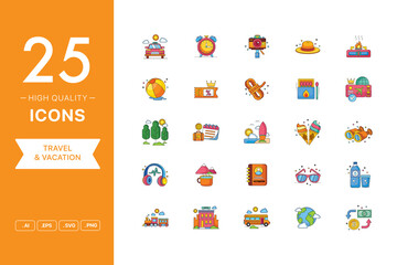 Vector set of Travel icons. The collection comprises 25 vector icons for mobile applications and websites.