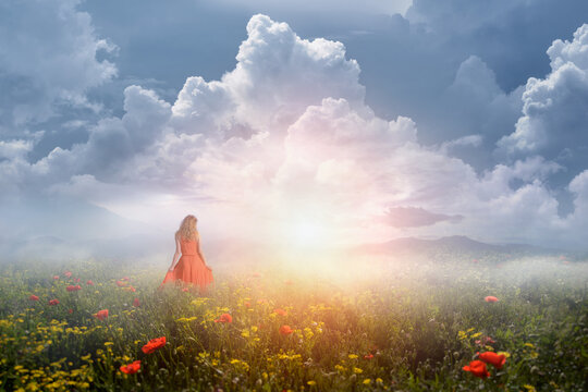 Young woman in red walks at sunrise through field with summer flowers against background of mountains. Fantasy dream emotions