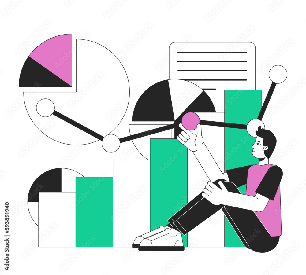 Poster optimize startup workflow flat line concept vector spot illustration. cost control analyst 2d cartoo