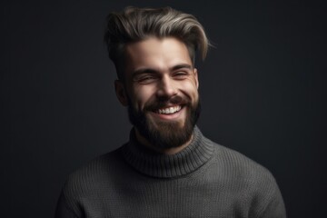 Fototapeta premium Bearded man in grey sweater laughs while making eye contact with the camera, with generative AI technology