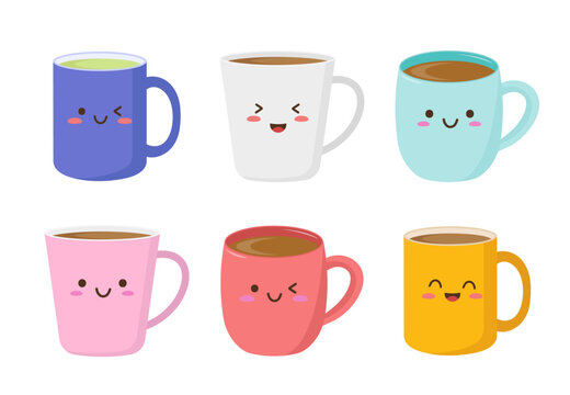 Set of coffee mugs in kawaii style. Mugs in cartoon style. Vector illustration in a flat style. Isolated on a white background.