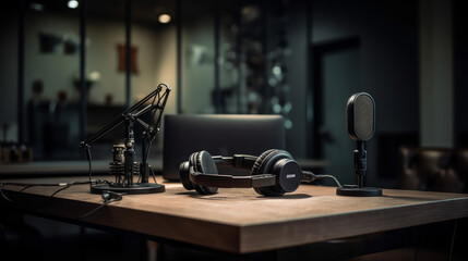 Fototapeta na wymiar Professional microphone and sound mixer in radio station studio. AI generated